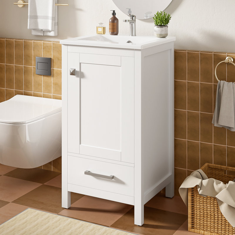 Meuble-lavabo autoportant avec portes à fermeture douce, lavabo simple inclus, Blanc, 18"