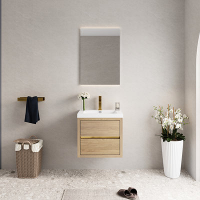 Meuble-lavabo mural de 24 po avec lavabo en résine en pierre et quincaillerie de tiroir à fermeture en douceur, bois d'ingénierie entièrement fabriqué de couleur chêne, rangement spacieux pour les articles de toilette, hauteur du produit 22,75, paquet de 31,5