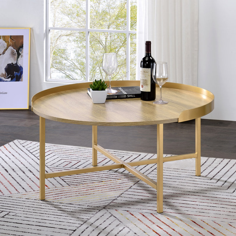 Table basse en chêne et or avec plateau - ronde élégante pour la maison révolutionnaire
