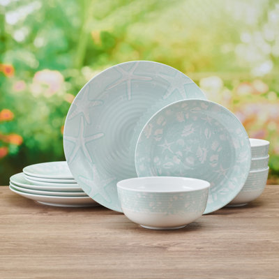 Pfaltzgraff Venice 12 Piece Outdoor Melamine Dinnerware Set, Service For 4,Teal