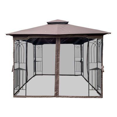 Abri de jardin pour patio 10 x 10 po avec double toit, moustiquaire amovible et cadre en acier pour la cour arrière