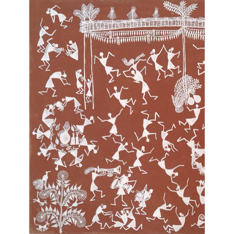 La célébration champêtre - Art Warli par Pravin Mhase | Terre cuite, bouse de vache et acrylique blanc