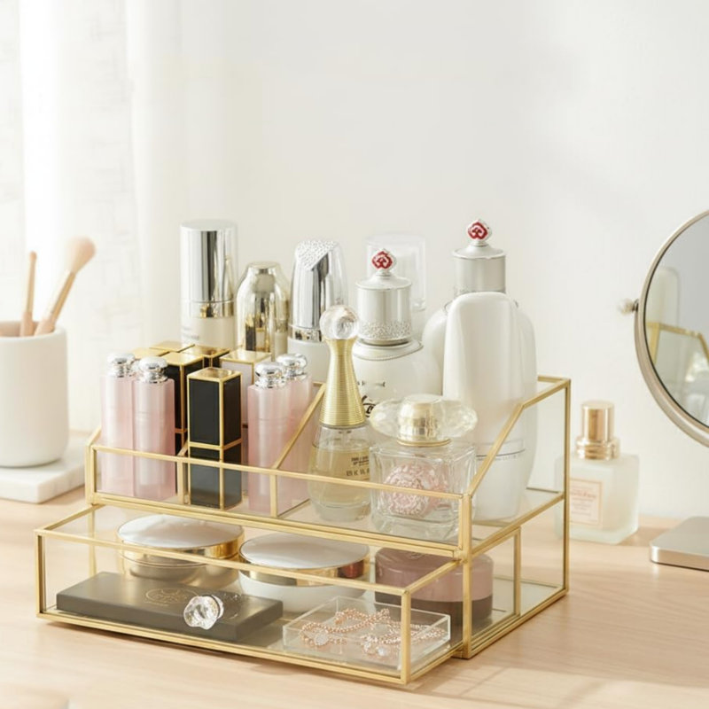 Cosmetics Storage Display Case,Clear Glass Brass Metal Cosmetic Organizer