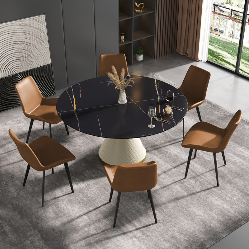 Ensemble de table de salle à manger 7 pièces avec 6 chaises en cuir PU, H 29,5 po x L 59,05 po x l 59,05 po, Noir, Brun