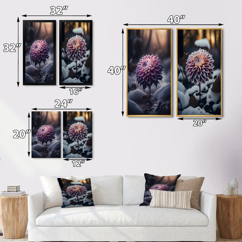 «A Blooming Purple Dahlia Flower In Winter», 2 pièces sur toile, Encadrement doré, H 20 po x l 24 po