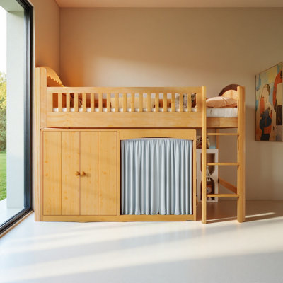 Lit mezzanine double avec armoire de rangement, garde-robe et DEL