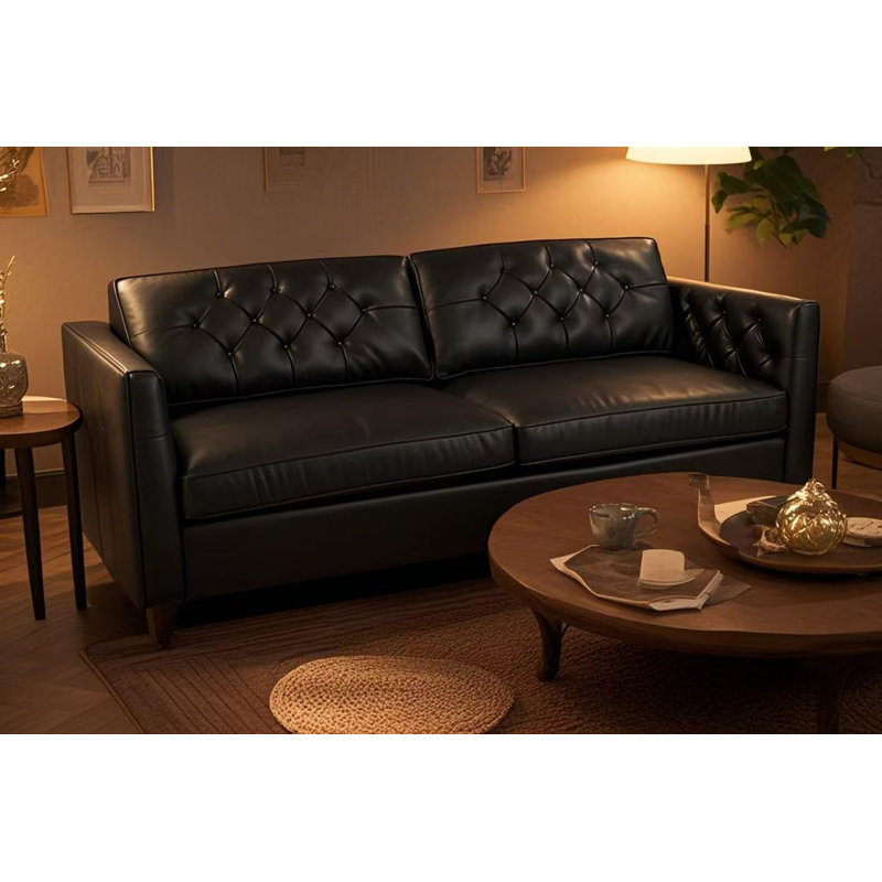 Canapé capitonné en cuir véritable Eldora - canapé d'inspiration Chesterfield moderne avec coussins profonds et pieds en bois massif