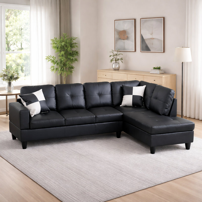 Faux Leather Sectional Sofa with Ottoman, Black