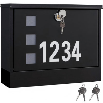 Locking Mailbox Wall Mounted, Metal Postbox with Three Sets of Mail Box Number Stickers, 4 Keys, 14.4" x 4.5" x 11.2", Large Capacity, Black, AMB11B