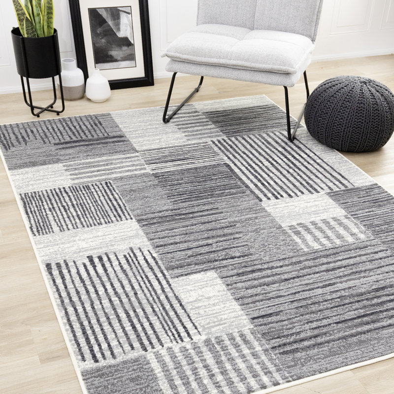 Tapis géométrique moderne à motif géométrique gris crème Fresno, Rectangle 5 pi 3 po x 7 pi 5 po