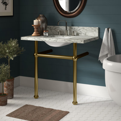 Dessus de meuble-lavabo en marbre de Carrare 36 pouces avec pieds en laiton Kingston Templeton (8 pouces, 3 trous)