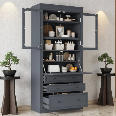 78" Tall Freestanding Kitchen Pantry Cabinet with Glass Doors & Power Outlet | Shaker Storage Cabinet with 3 Drawers, Adjustable Shelves & Drop-Down Surface, Cupboard for Kitchen, Dining & Living Room