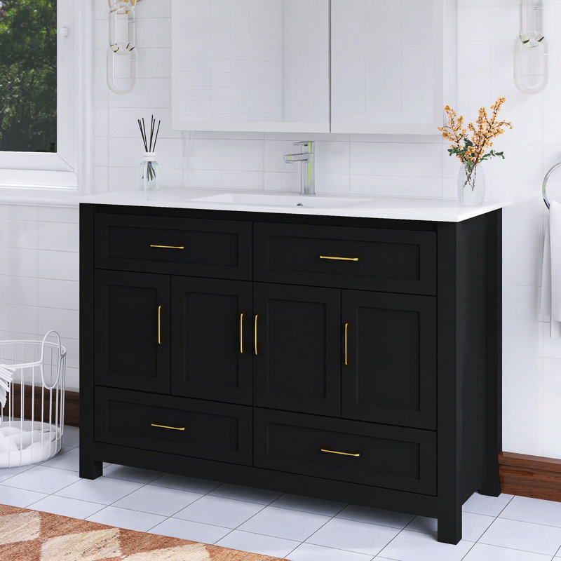 48" Freestanding Single Bathroom Vanity With White Ceramic Integrated Top, Black