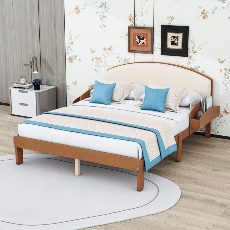 Lit plateforme en bois avec tête de lit tapissier et tablettes de rangement latérales, Lit double, Noyer clair