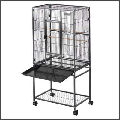 Cage à oiseau, 24,6 x 16,7 x 53,9 pouces, toit plat, cage en fer forgé avec perchoirs, plateau coulissant et mangeoires en plastique, roulettes, perroquet, mésange bleue, cockatiel, canari, perruche, conure