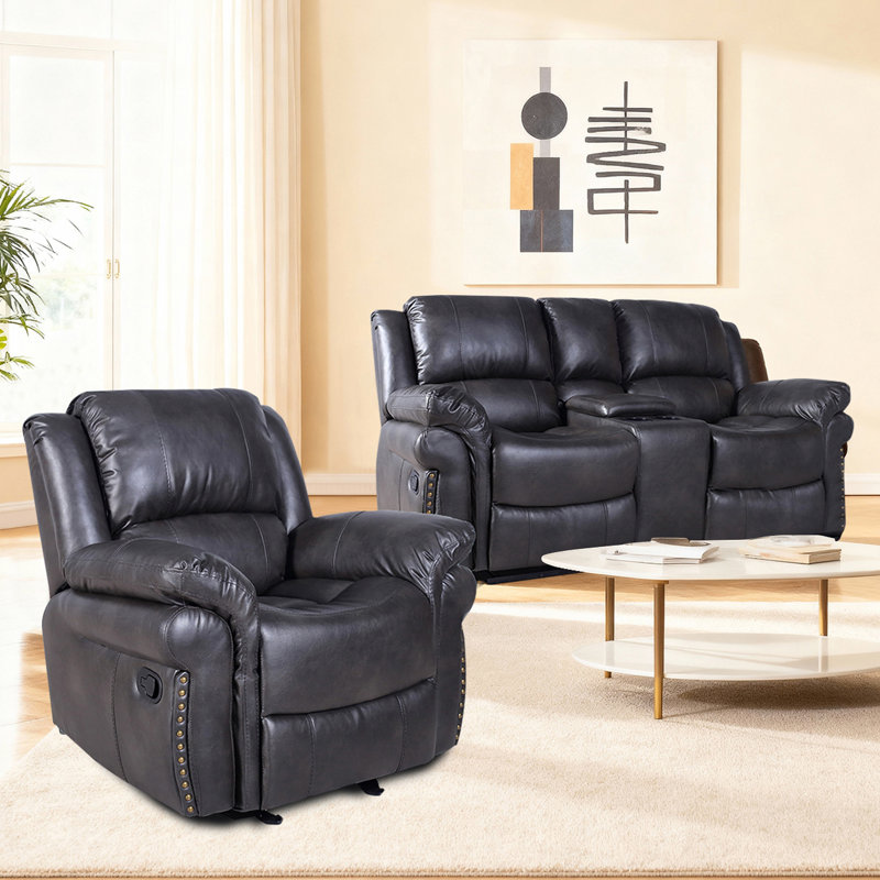 Ensemble de canapé inclinable manuel avec console de rangement double et porte-gobelets, ensemble de canapé en similicuir inclinable à 2 places et simple, gris