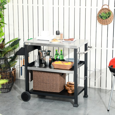 Chariot de cuisson portatif pour l'extérieur, surface en acier inoxydable, 32 po x 20,5 po, avec porte-serviettes, papier de préparation des aliments noir et sac à ordures 32 po x 20,5 po