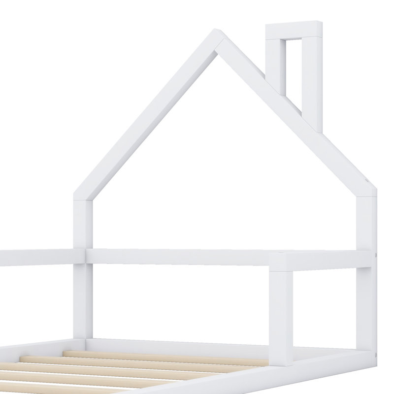 Lit de plancher avec rails, tête de lit en forme de maison et clôture, Lit simple, Blanc
