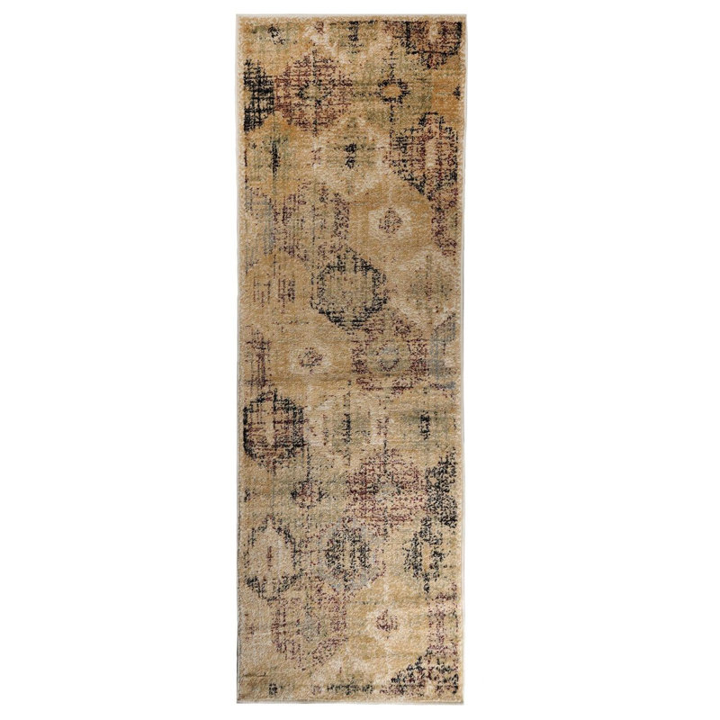 Tapis d'intérieur géométrique rétro lourdement patiné, Tapis de couloir 2 pi 7 po x 8 pi