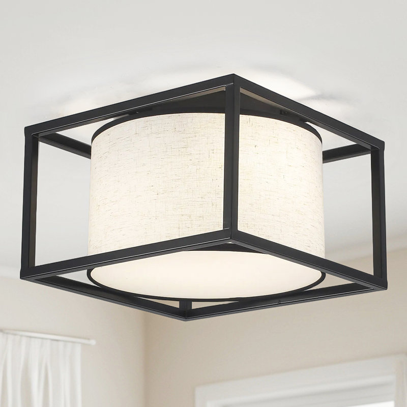 Plafonnier semi-encastré, abat-jour tambour en tissu 3 lumières avec structure en métal noir, luminaires de vestibule, plafonnier près de la chambre à coucher, salon, cuisine, couloir