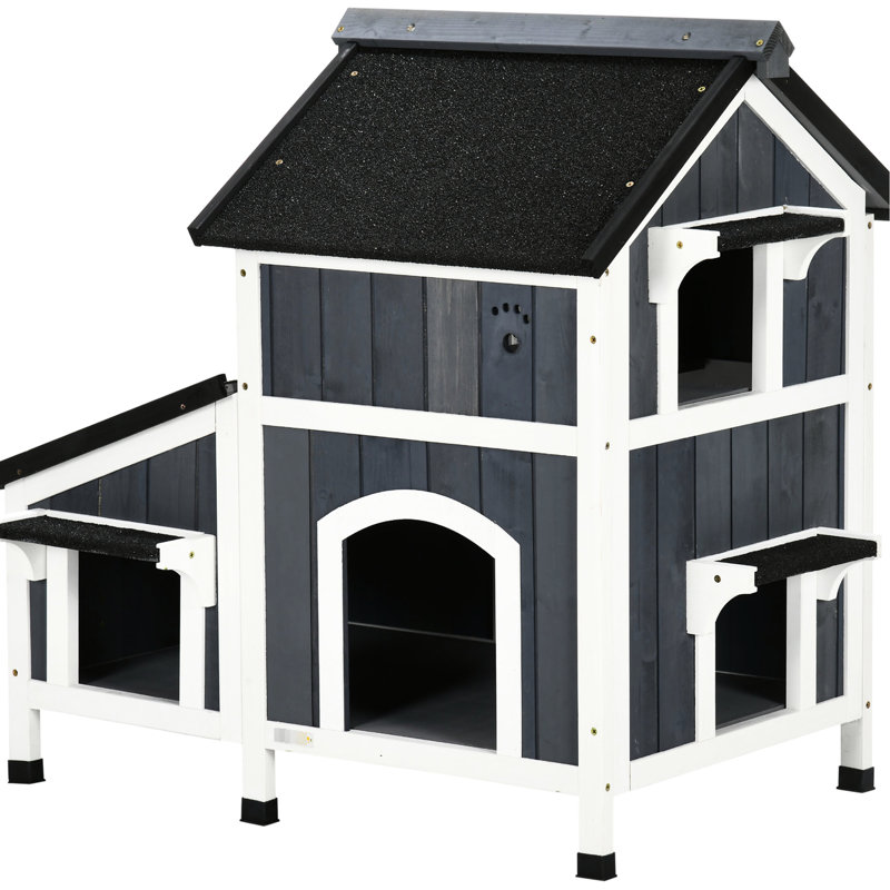 Abri pour chat extérieur - Toit et lit de jardin à entrées multiples pour chats lourds de 15 lb et plus, gris avec intempéries