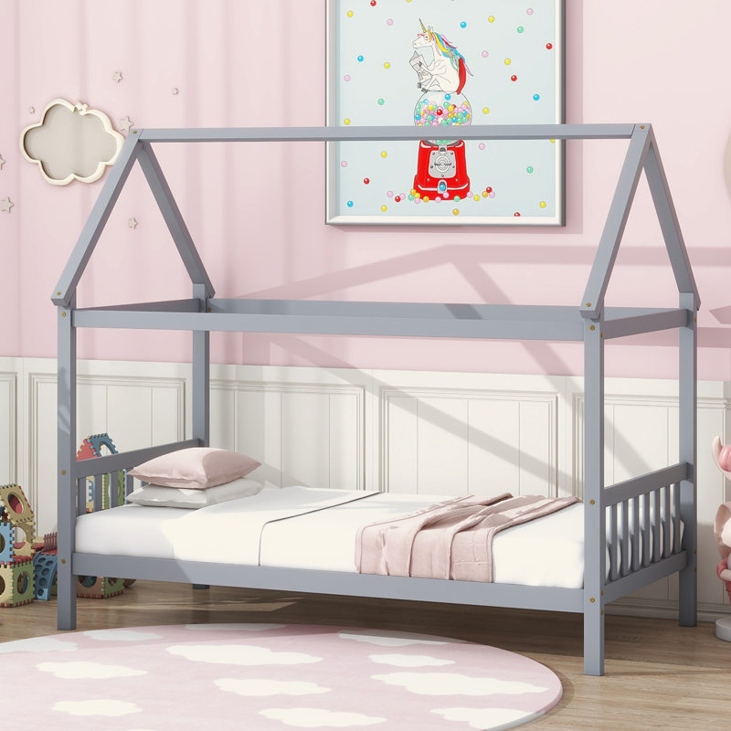 Lit maison avec tête et pied de lit, lit simple en bois d'hévéa avec cadre de maison, Gris clair