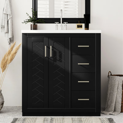 Meuble-lavabo de 30 po avec lavabo en céramique, structure en bois massif, charnières, planches, poignée en métal exquis, glissière de tiroir lisse et spacieuse, style rétro, 3 tiroirs, facile à assembler, dissimulé pour