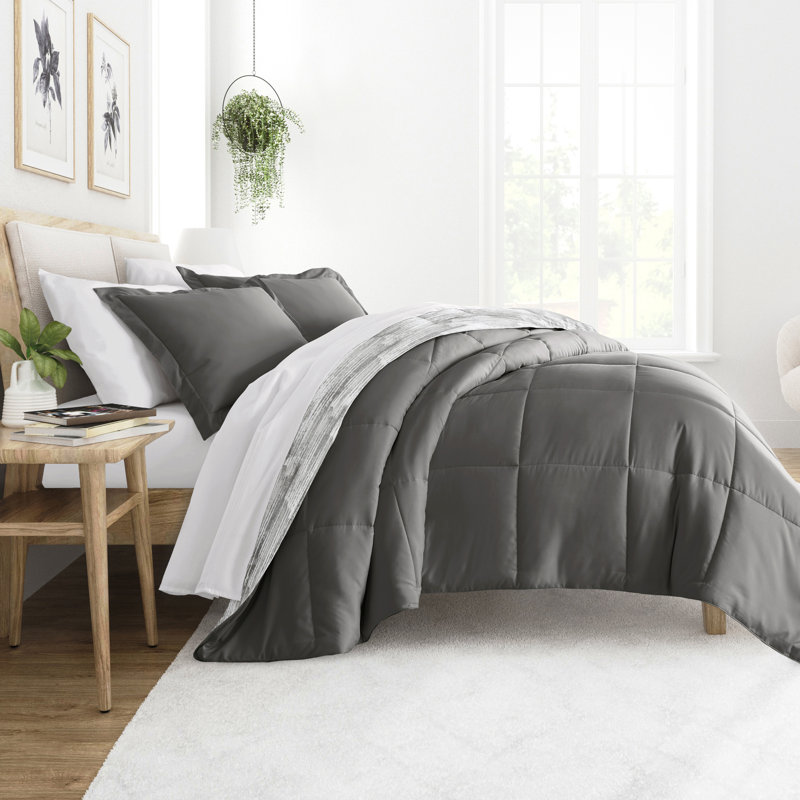 Gray All Season Down-Alternative Reversible Comforter Set in Textured Stripe, King Comforter + 2 King Shams