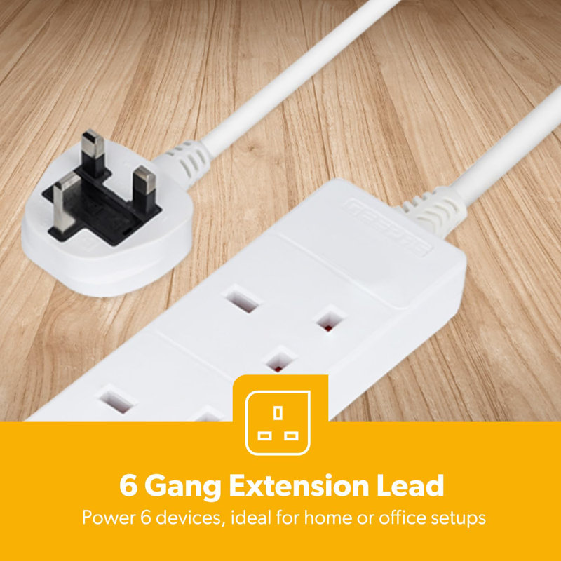 GEEPAS 6 Gang Extension Lead, 2M Cable | 6-Way Plug Extension Cable, 13A | Wall Mountable & Multi Socket Mains Strip for Home Bedroom Office | Heavy Duty UK Plug | White
