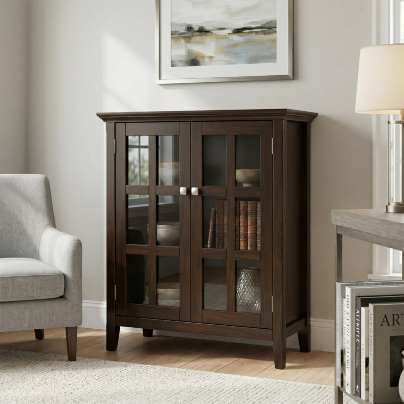 Acadian Solid Wood Transitional Low Storage Cabinet with Glass Doors and Adjustable Shelves, Brunette Brown