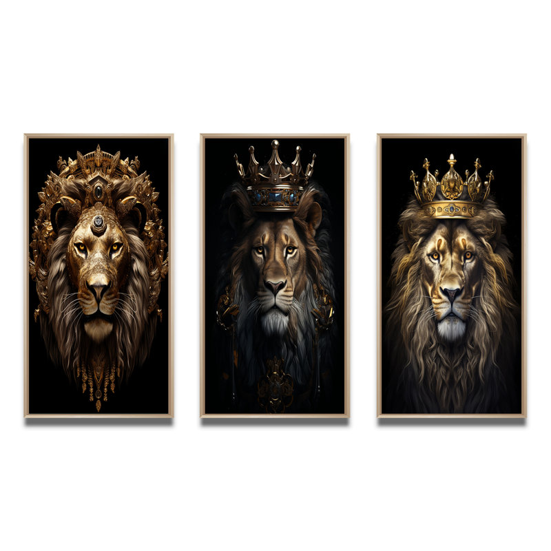 3 pièces sur toile - Roi lion majestueux avec couronne dorée, Encadré naturel, H 20 po x l 36 po