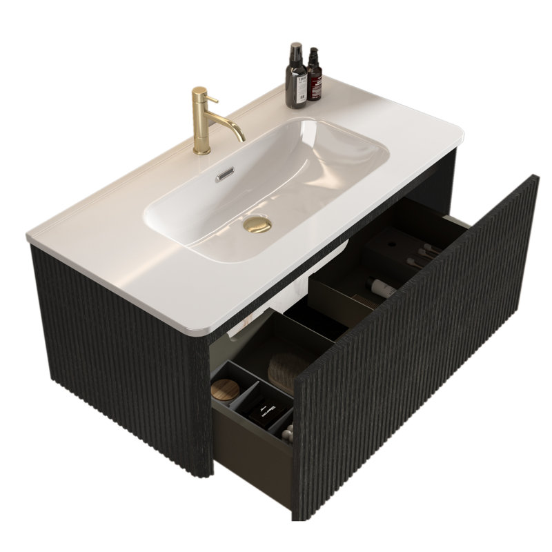 Meuble-lavabo moderne 36 po en chêne noir rayé, lavabo en céramique, tiroir à ouverture fonctionnelle pré-assemblé pour la vie avec lavabo