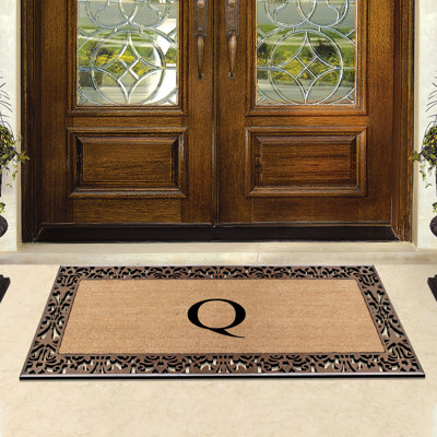 Dyari Natural Coir & Rubber Paisley Border Monogram Non-Slip Door Mat, 30"x60", Bronze, Heavy-Duty Low-Profile Outdoor Front Porch