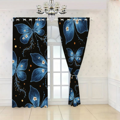 2Pcs rideaux occultants papillon, rideaux de fenêtre à motif floral bleu pour le salon, la chambre, la cuisine, le bureau à domicile, unique,