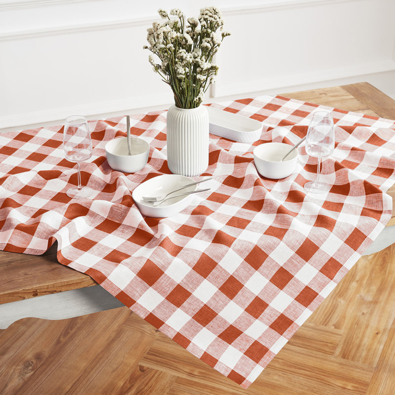 Fete - 100% Pure Linen Table Throw, Checkered, Cinnamon/White