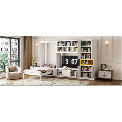 Twin Size Wooden Murphy Bed with TV Stand, 2 Drawers, Shelves, and Cabinets for Space-Saving and Multifunctional Use