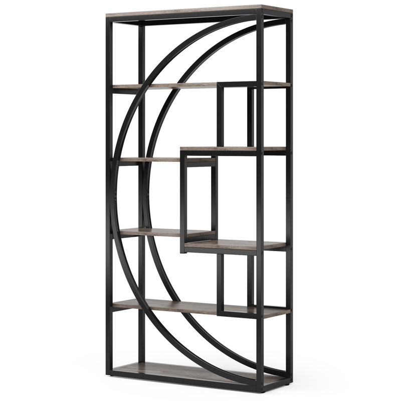 Bibliothèque étagère de style industriel à 5 niveaux avec 70 tablettes et 8 tablettes ouvertes de 70,47 po de hauteur, Gris