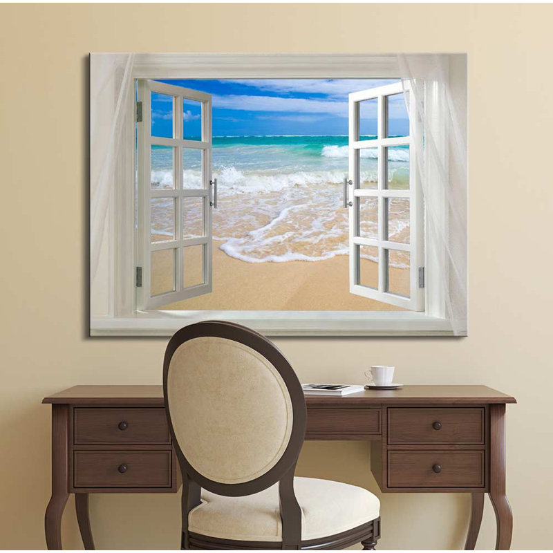 «Coastal Clear Sea And White Beach Waves Open Window Modern Wall Decor Home Decor» sur toile, H 32 po x l 48 po