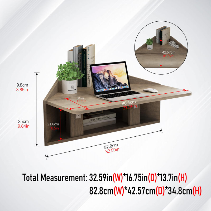 Floating Corner Desk, Wall Mounted, With Shelf For Small Space Computer,Rustic Grey