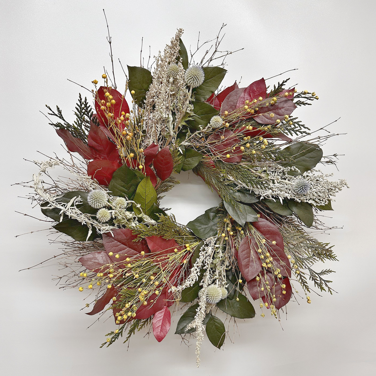 Preserved Leaves and Echinops Wreath, 26" W x 26" H x 6" D