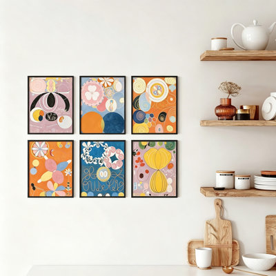 Colorful Abstract Geometric Wall Decor, Set Of 6 Black Framed, 8" x 10", For Studio & Office