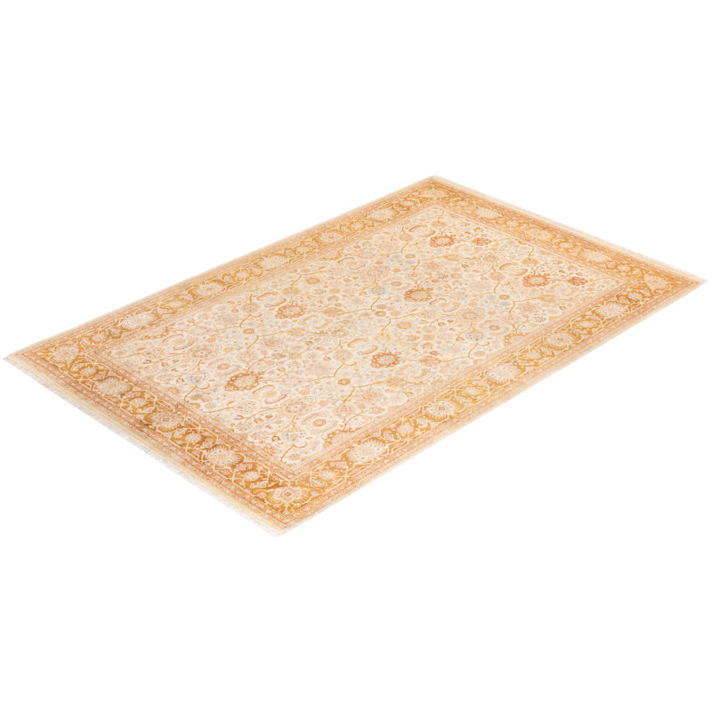 Ivory and Gold Hand-Knotted Wool Geometric 6' x 9' Rug