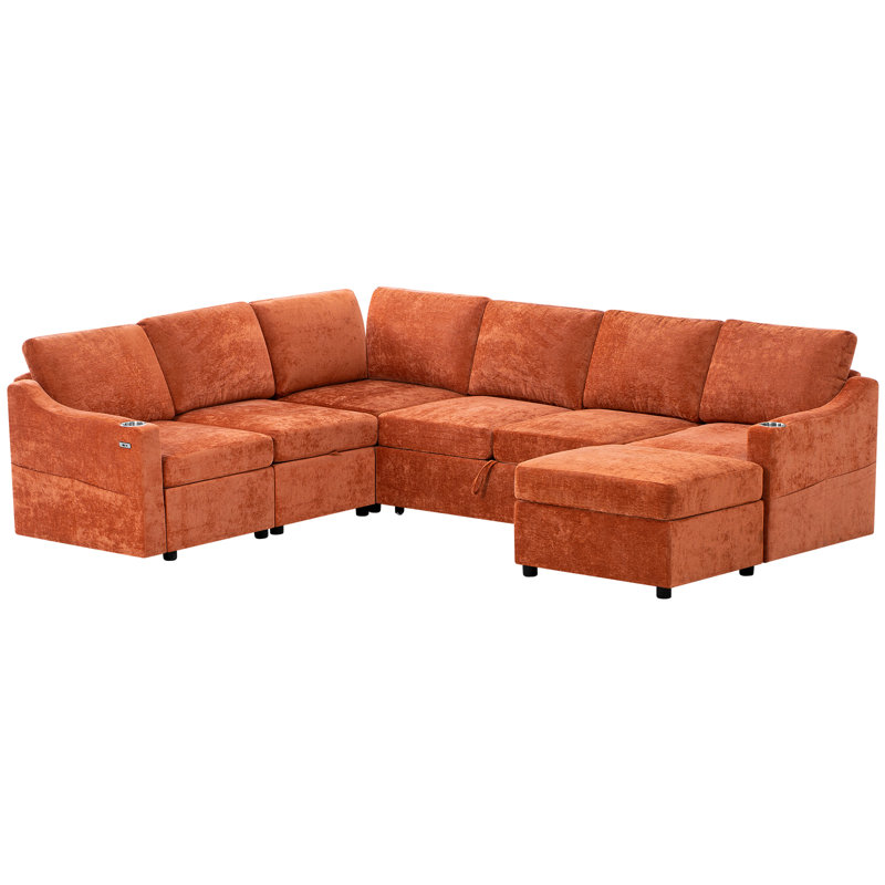 116" 7-Seats Modern Modular Sleeper Sofa With Adjustable Backrest, Chenille U-Shape Sectional Couch With Usb Charging & Pull Out Bed, Convertible Corner Sofa With Cup Holders & Ottoman For Living Room, Office