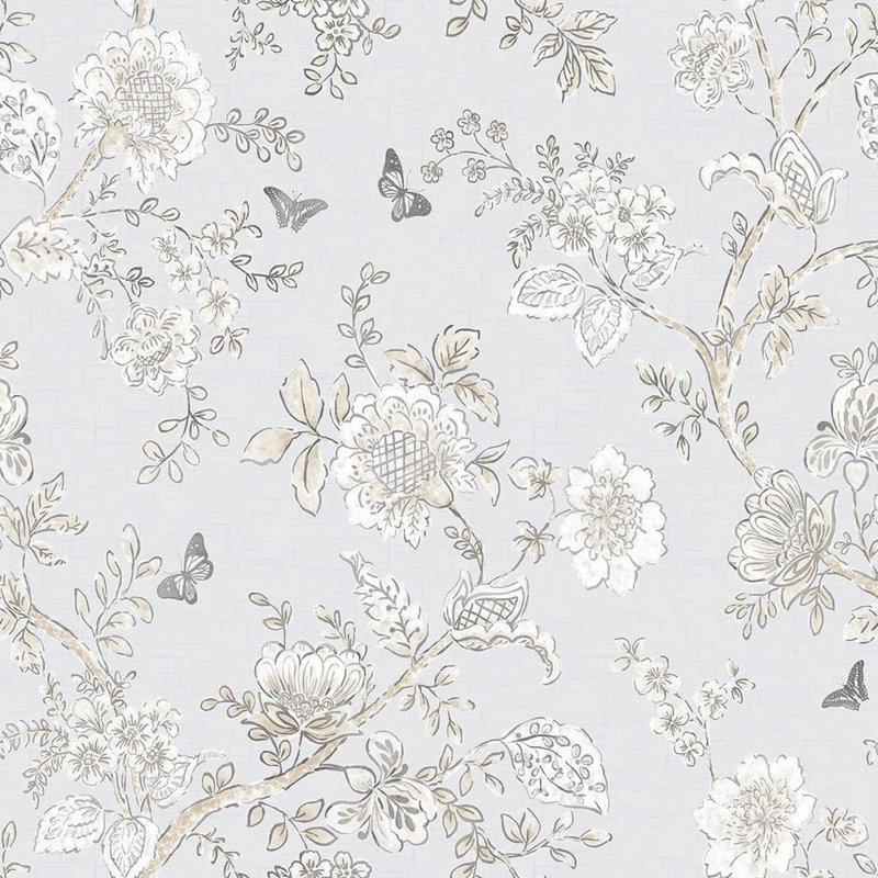 Rouleau de papier peint L 33 pi x l 21 po Flowers and Butterflies, Beige / gris