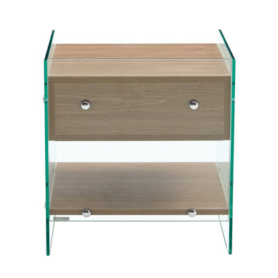 Drawer nightstand: mdf surface with stickers, tempered glass sides, sleek design, efficient storage for bedroom (108 characters)