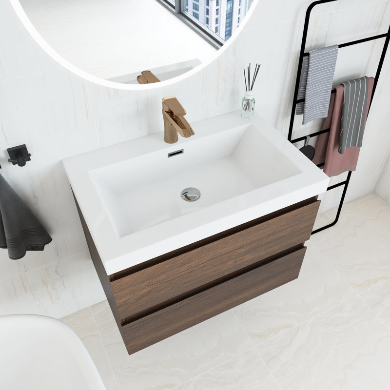 Meuble-lavabo mural simple 30 po avec plateau en résine Tarini, Blanc, Palissandre
