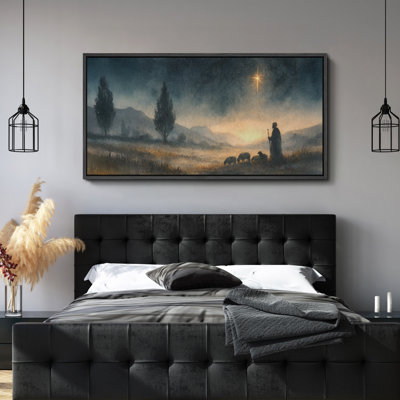 «Peaceful Night Shepherd and Starry Sky Spiritual Landscape», grand art mural encadré sur toile de la chambre principale
