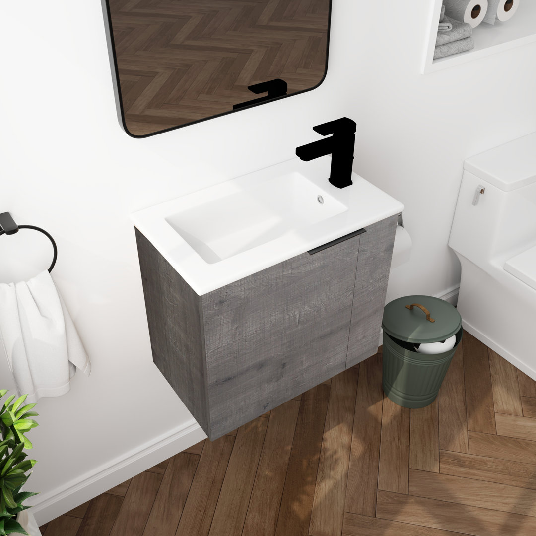 22" Bathroom Vanity with Ceramic Basin Sink Top, Wall-Mounted Bathroom Vanity with Soft Close Door Latitude Run® Base