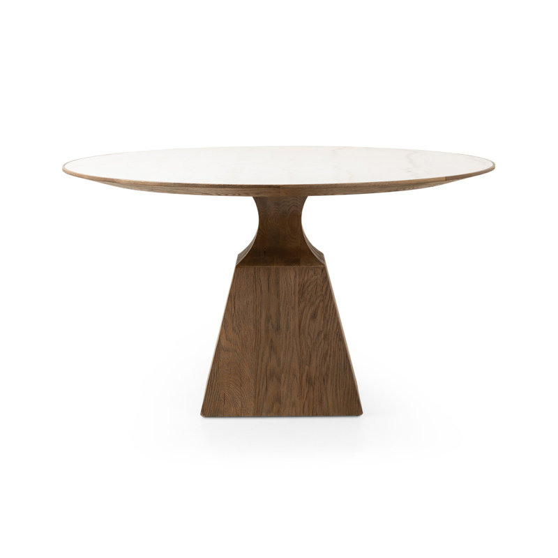 Sargon Round Stone Dining Table, Honed White Marble/Smoked Black
