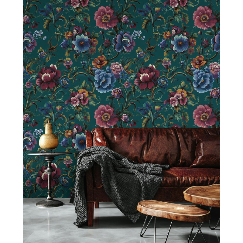 Papier peint floral émeraude à motif floral sur fond sarcelle